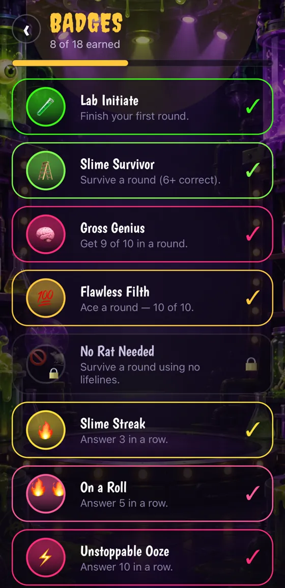 Badge gallery for streaks, wins and milestones