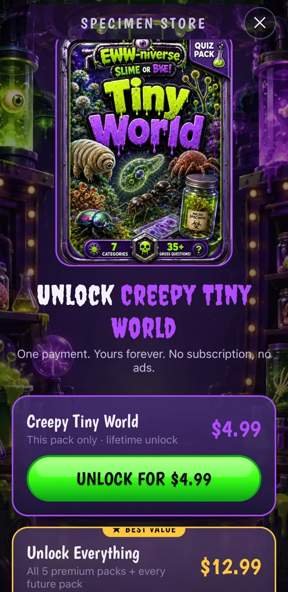 One-time pack and bundle purchases, no subscriptions